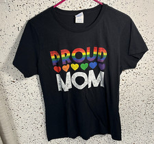 Gently used Proud Mom rainbow heart Pride women's large black t-shirt