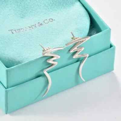 Tiffany Co Silver Paloma Picasso ZigZag Bolt Scribble Earrings in