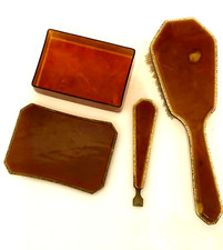 Vintage Celluloid Vanity Trio Brush Covered Box and File Handle 4 Pieces