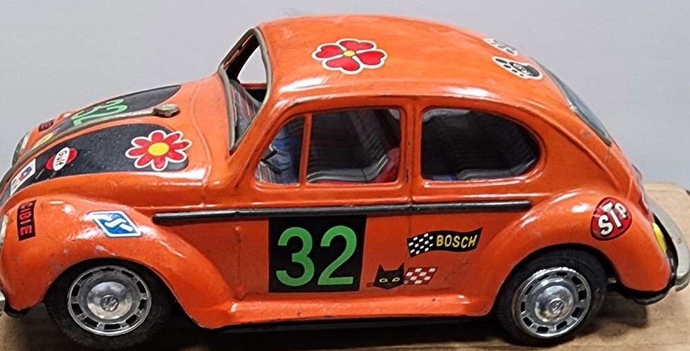 Vintage 1960s Orange VW Bug Battery Operated Stamped Metal Toy Race Car!