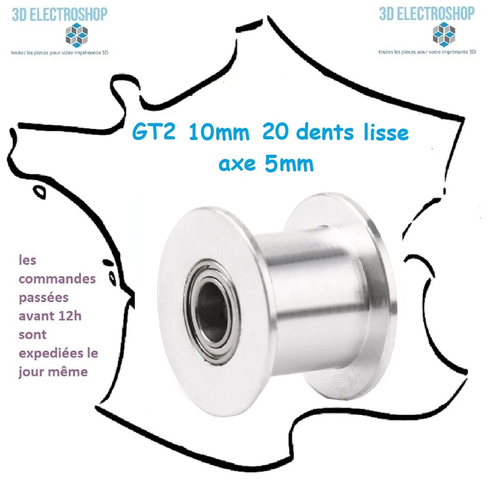 Poulie folle GT2 10mm 20 dents lisse aluminium avec roulements axe 5mm