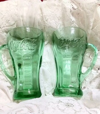 Set Of 2 Green Coca Cola Glass Mugs With Handles by Libbey Glass Co 14 oz 1970s