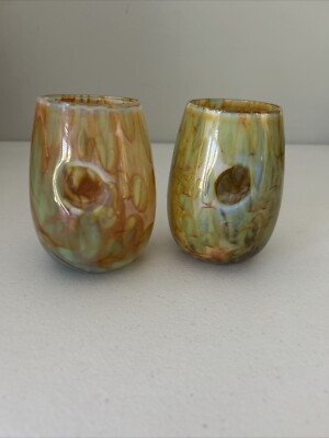 BGC Glassworks Lot Of 2 Hand Blown Stemless Wine Glasses Sunrise Pattern Signed