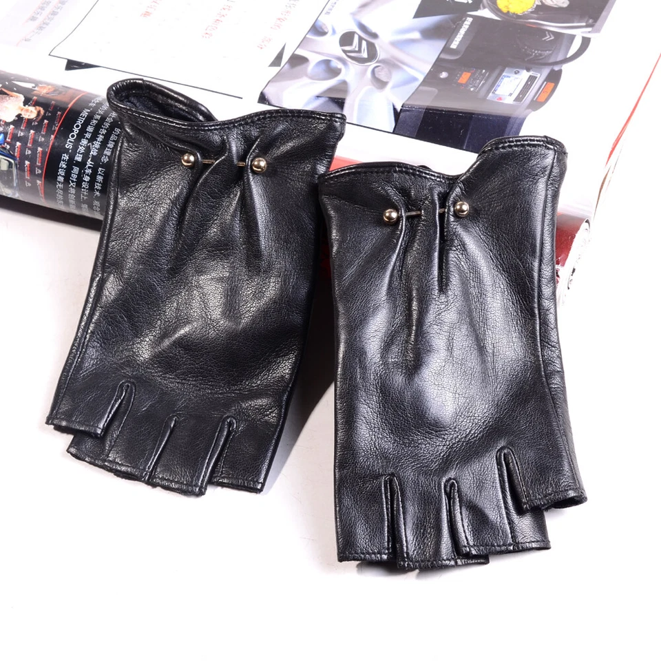 Guantes para mujer y mujer piel de cordero real moda clásicos sin dedos remache mitones Foto 4 de 4