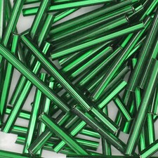 Czech Glass Bugle Beads 25mm 1 inch Green Silver Lined