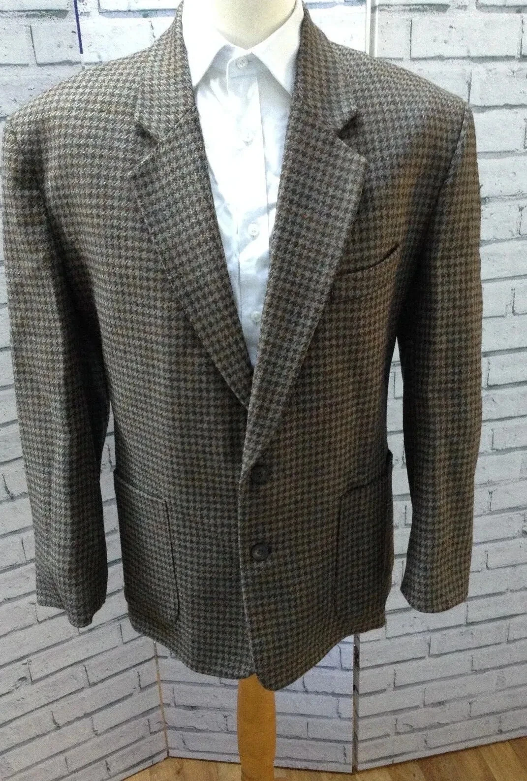 Radius Jacket Blazer Houndstooth Green Brown Grey Pure Wool Vintage Mens Size M