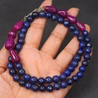Dazzling Pink Ruby & Lapis Lazuli 279 Cts Beaded Necklace Exclusive VK 02 E535