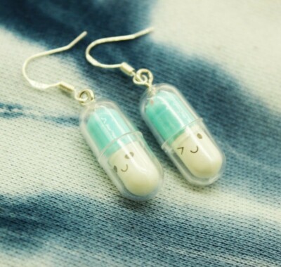 LIGHT BLUE KAWAII PILL FACE EARRINGS Cute Novelty Sesh Cool Adorable Mini Caps 