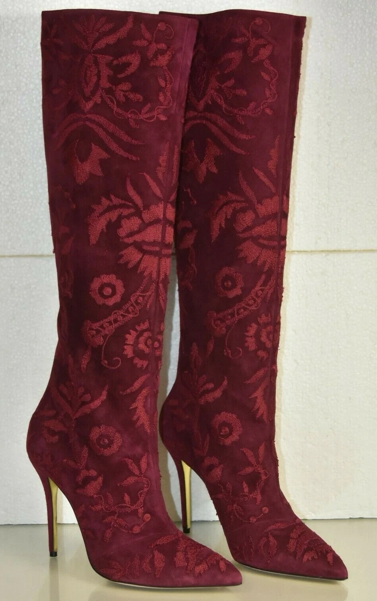 New Oscar de Renta Knee Boots Wine Red Embroidery 41 | eBay