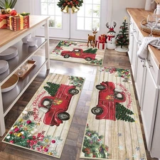 HEBE Christmas Kitchen Rugs Sets of 3, Non Slip Red Truck Christmas Rug for K...