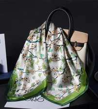 100% Mulberry Silk Bandana Shawl 27'' Green floral Print Neckerchief Scarf wrap 
