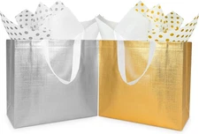 18 Pcs Large Gold & Silver Gift Bags Bulk with Tissues Paper - gold silver 