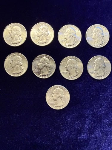 90% Silver Coins -  (9) WASHINGTON QUARTERS LOT - All -1964 Shiny Coins