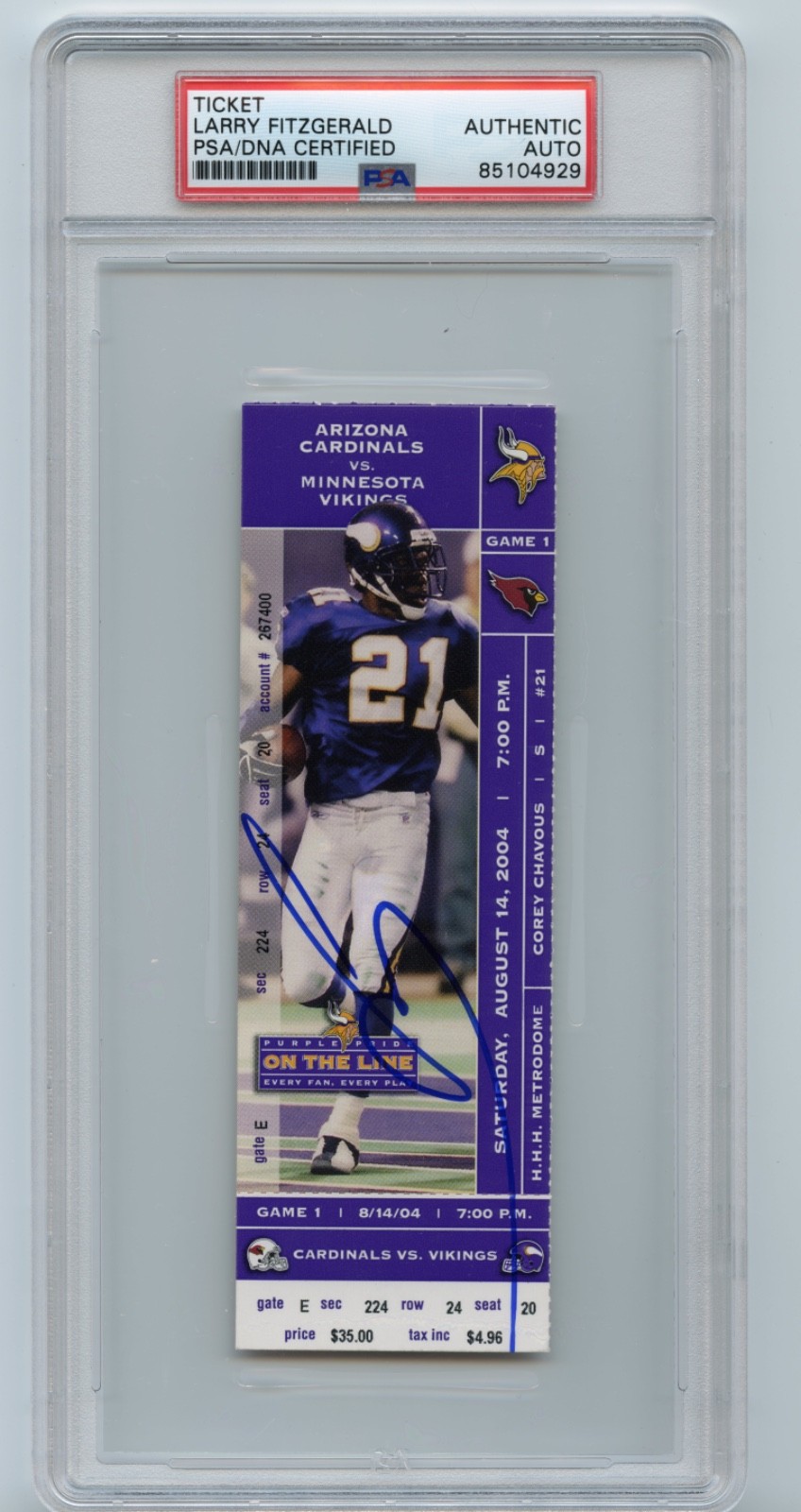 Larry Fitzgerald Autographed Signed NFL Pro Debut Full Ticket Stub 8/14/04 PSA DNA 