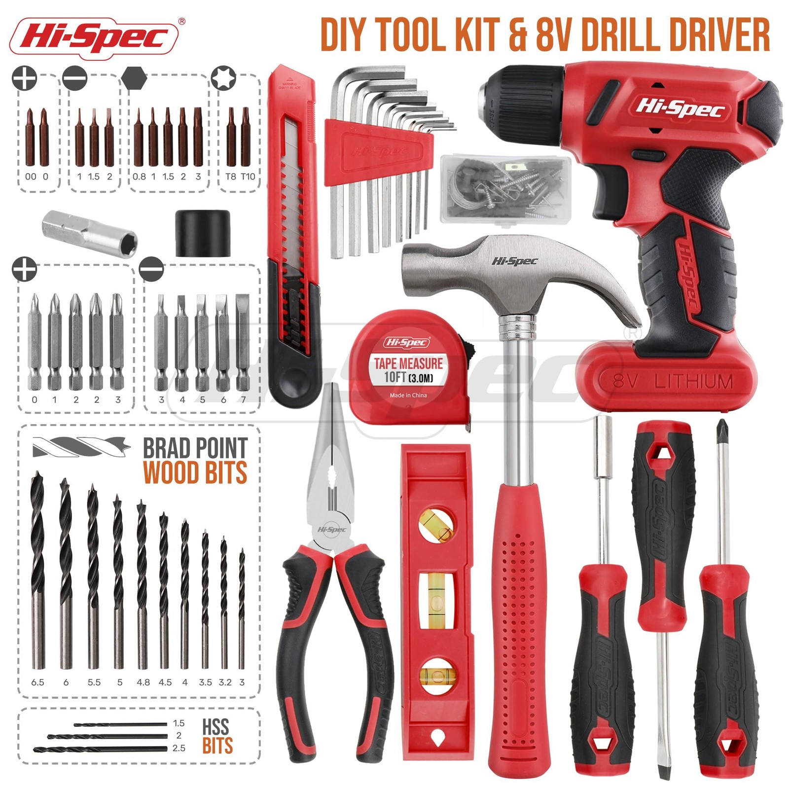 Hi-Spec 58pc Red 8V USB Cordless Drill Driver & Home DIY Tool Kit