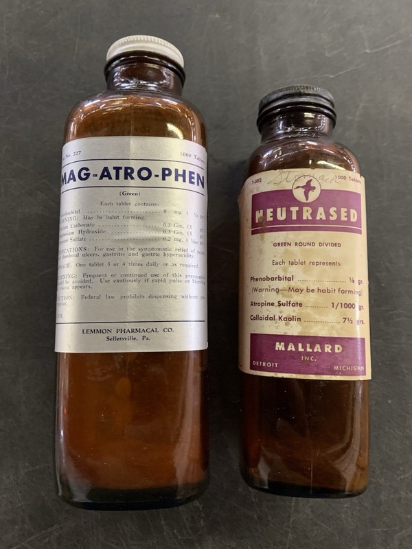 2 Vintage Amber Pharmaceutical Medicine Bottles with Paper Labels Apothecary