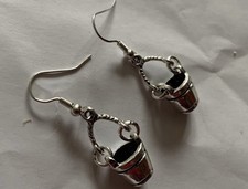 Pail Charm Earrings Silver 3D  Sea Ocean Nautica Drink Beach Sand Bucket Sun