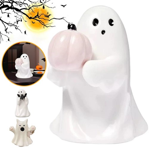 Funny Ghost Holding A Bat/Pumpkin Statue Figurine Halloween Ornament Home Decor - Picture 2 of 14