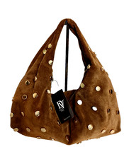 BORSA A TRACOLLA HOBO ITALIANA VERA PELLE SCAMOSCIATA BORCHIATA ORO - MADE IN ITALY