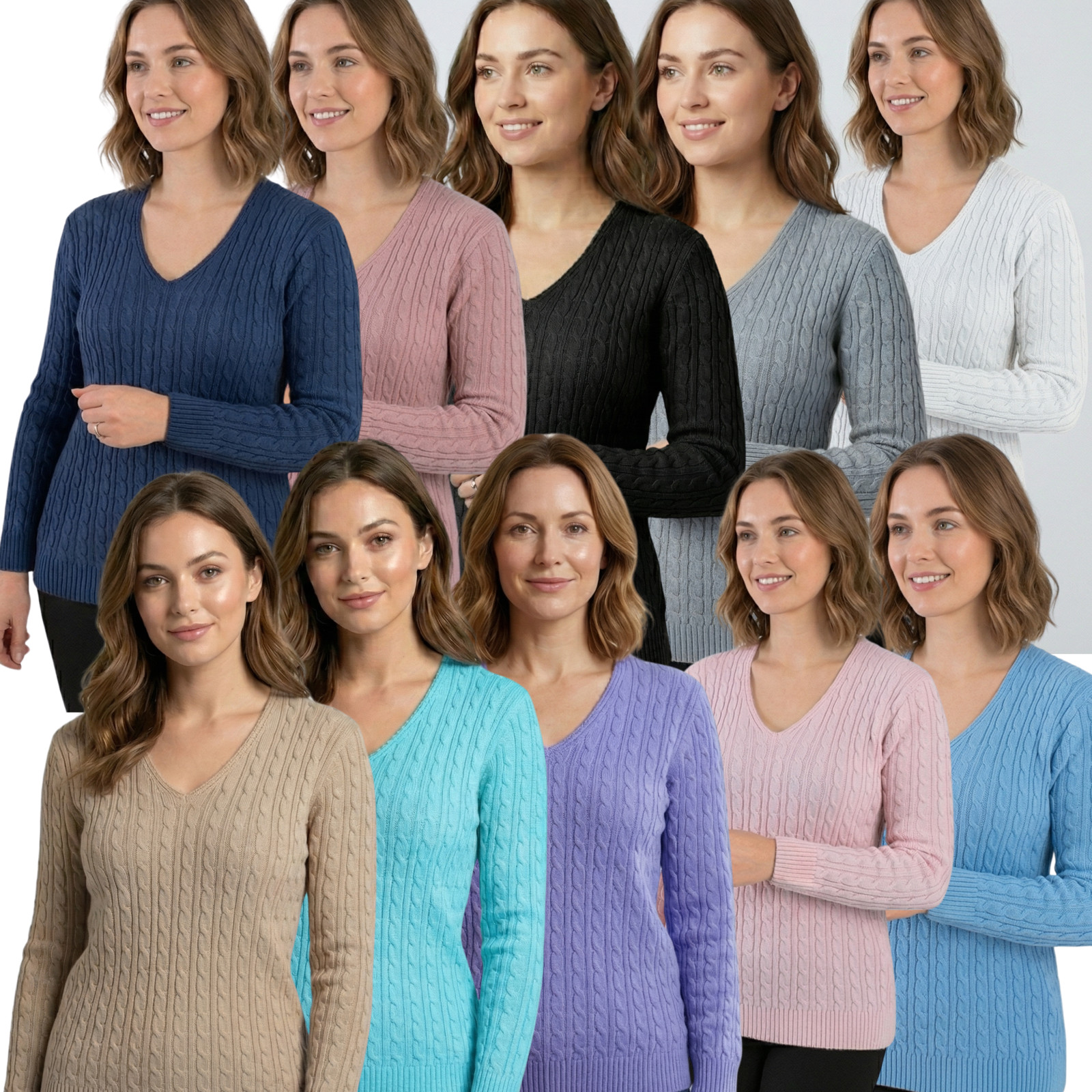 Suéter tejido con cable para mujer cuello en V manga larga damas invierno cálido tejido