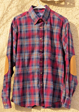 NWOT Made in the USA Bills Khakis Plaid Shirt-Leather Elbow Patches LARGE Nice!