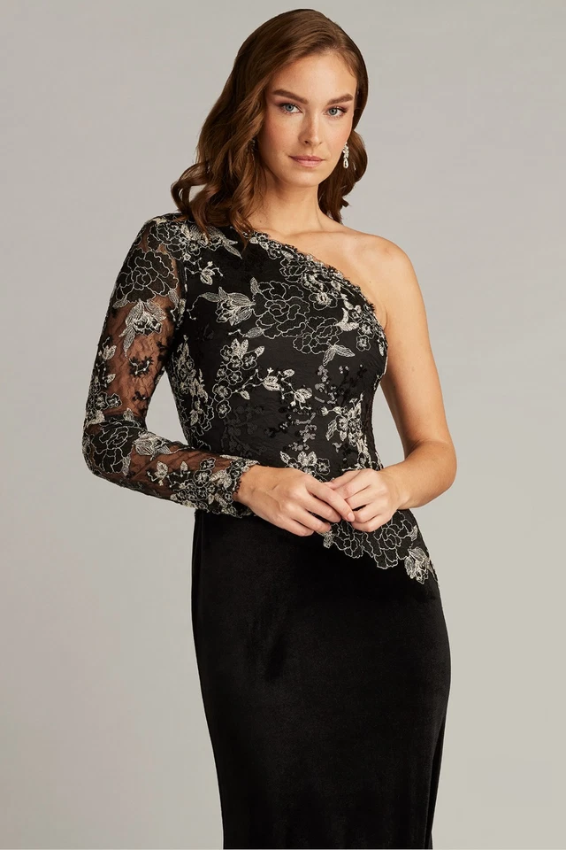 Vestido Tadashi Shoji Negro Encaje Corpiño Un Hombro Terciopelo Talla 12 $478 Foto 4 de 4