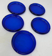 Set of 5 Cobalt Blue Glass Vintage 4" Stackable Round Coasters wi/Cigarette Lip