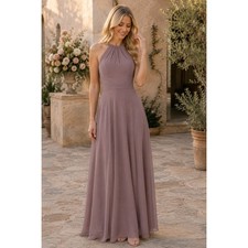 Azazie Melinda A Line Pleated Chiffon Floor Length Dress Dusty Rose in Size 4