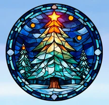 Christmas Tree & Snow Faux Stained Glass WINDOW CLING Size 8" Round Vinyl