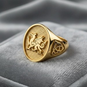 Authentic Yellow Gold Plated Welsh Dragon Signet Ring Celtic Triquetra Band