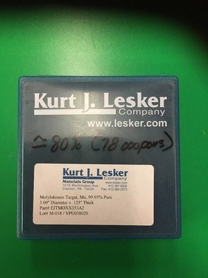 Kurt J Lesker Molybdenum Target,  Mo, 80% / 3.00 Dia. x .125 Thick, Part# EJTMOX