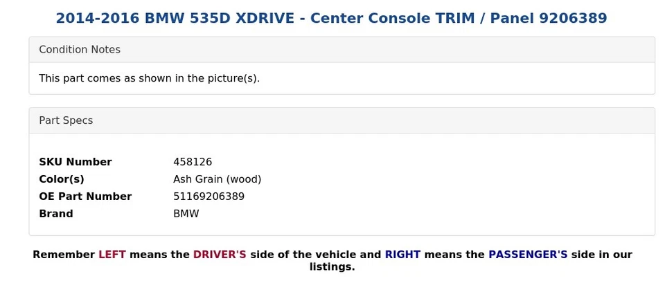 2014-2016 BMW 535D XDRIVE - Center Console TRIM / Panel 9206389 - Image 4 of 4