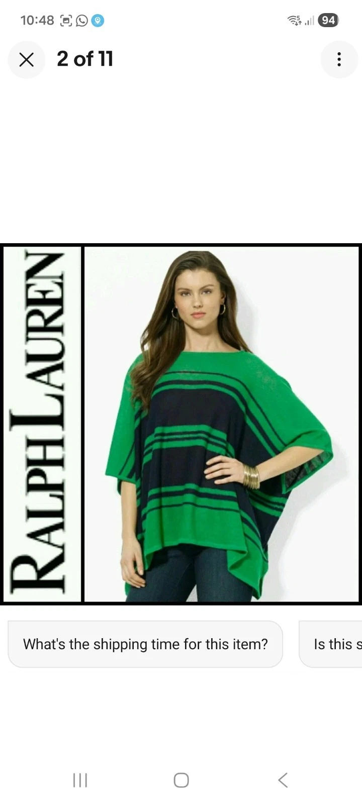 Lauren Ralph Lauren Linen Striped Poncho Sweater Women’s O/S Green Navy Blue Boh