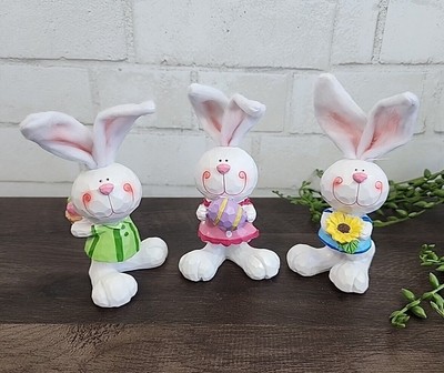 Easter Bunnies Rabbits Figures 3 Pc Resin Tabletop Home Decor 6'' Tier Tray NEW