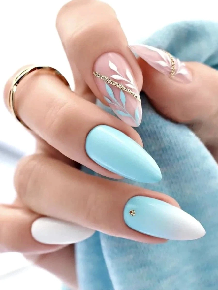 Prima dentro de poco Sympton Baby Blue Leaves &amp; Gold Glitter medium Almond Press On Nails NEW Spring  fashion | eBay