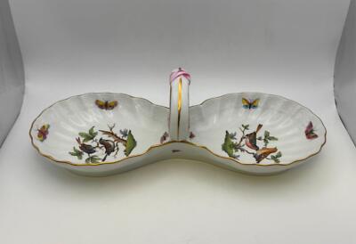 Herend ROTHSCHILD BIRD #7530 2-Part Relish / Condiment Dish with Center Handle