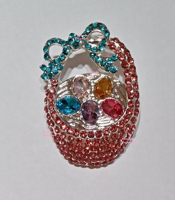 Easter Basket Crystal Rhinestone Pink and Blue with Eggs Pin Gold Bag