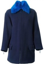 Kenzo⚡{$1,255} Blue Faux Fur Collar Zip Sleeve Oversized Wool Coat Size Xs