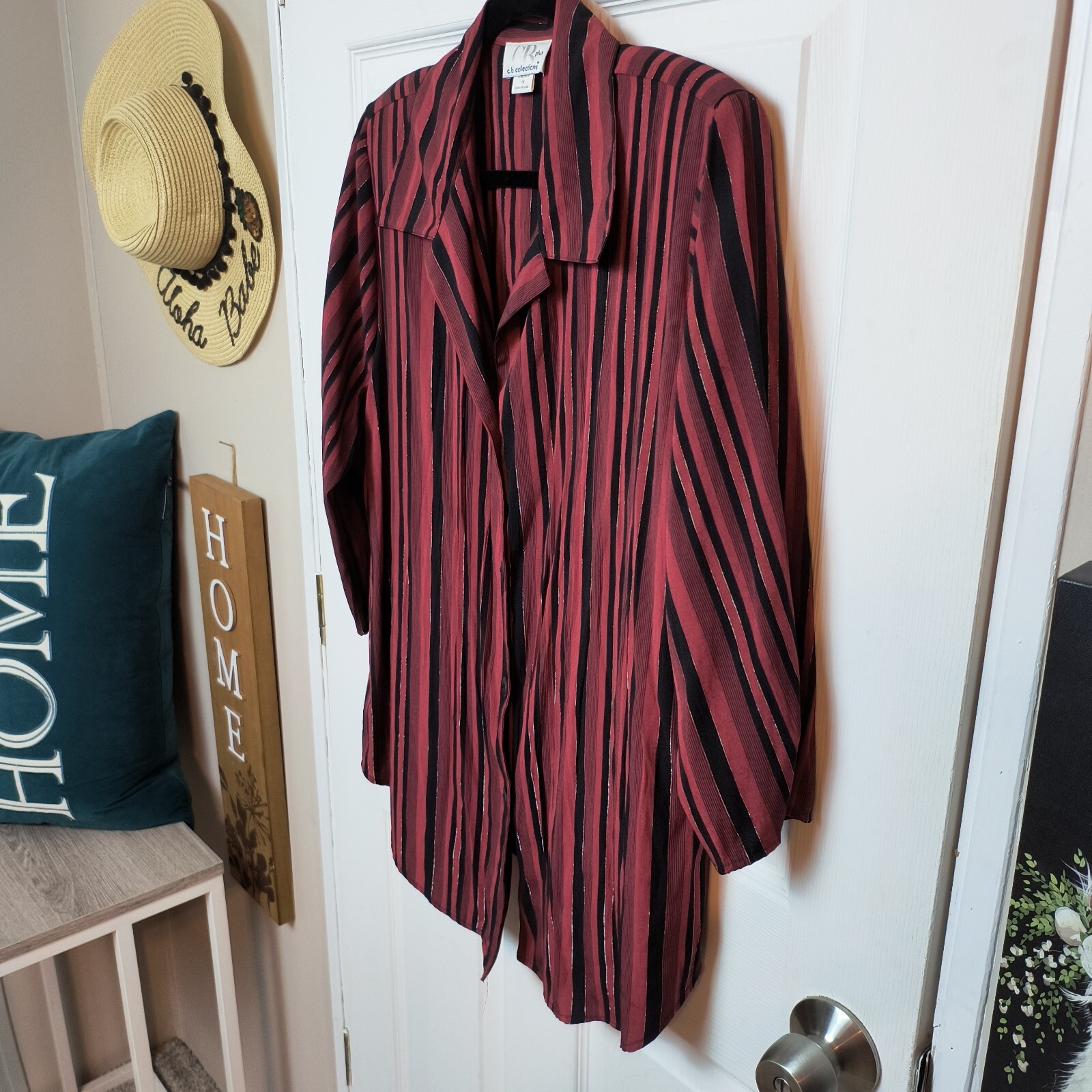 Vtg CB COLLECTIONS Top Womens 1X Striped Button up Blouse 3/4 Ruched Sleeve Red image 2