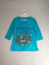 Style Co Sport Womens Top Small Blue 3/4 Sleeve V Neck Studded Casual Pullover