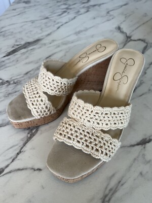 Jessica Simpson Satela Wedge Sandal Womens' Crochet Cream Cork Heel  Boho