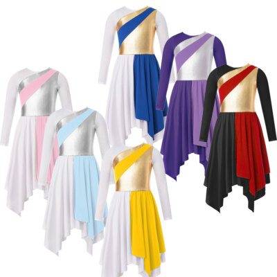 Girls Metallic Gold Praise Dance Dress Long Sleeve Liturgical Worship  Costume | eBay