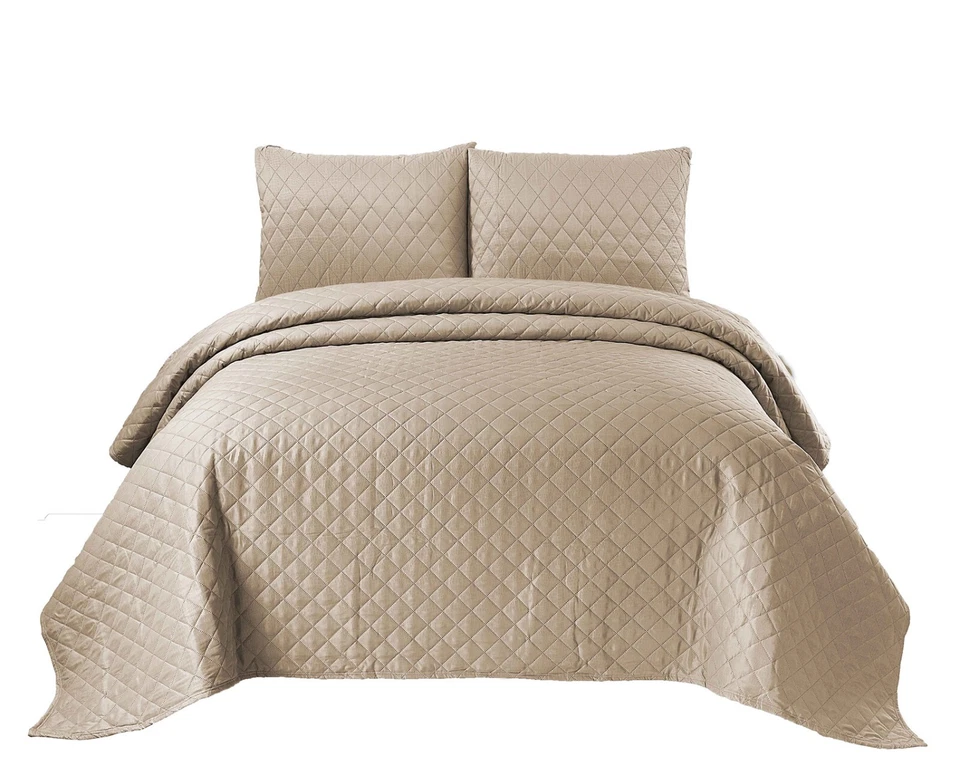 3Piece Quilted Bed Throw Comforter Bedspread Single Double King Size Bedding Set - Image 4 of 4