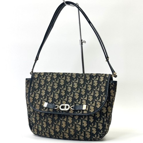 Authentic Christian Dior Trotter Oblique Flap Shoulder Bag Vintage Canvas Navy