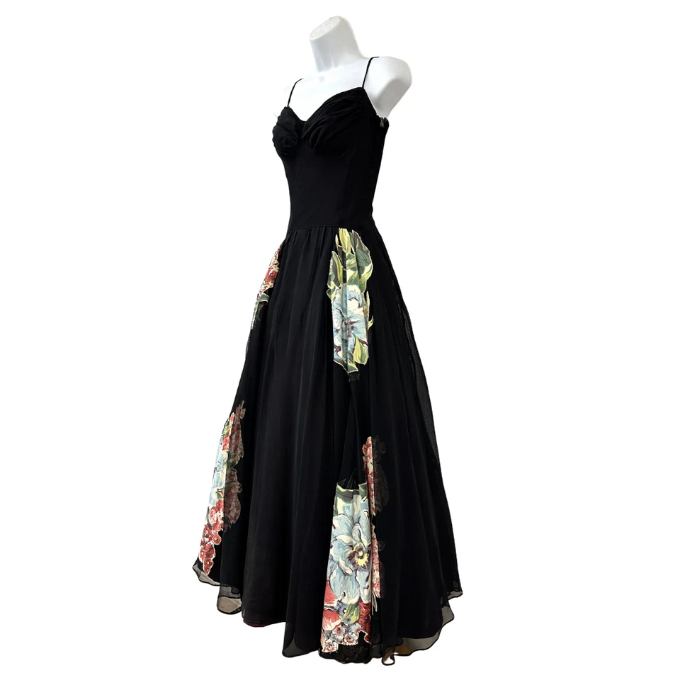 Maxi Vestido Formal Vintage Años 40 con Apliques Florales Negro Transparente Novia Foto 4 de 4