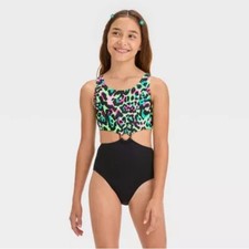 NWT Art Class Girls Wild Cat Cheetah Printed One Piece Swimsuit Black Size 14 XL