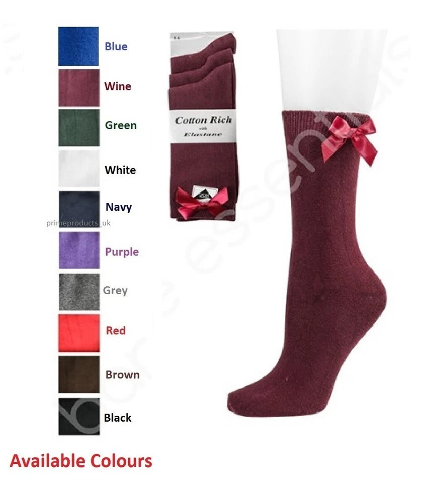 6/12 X Girls Cotton Back to School Ankle Socks with Matching Bow 2 to 11+ Years