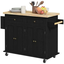 44" Rolling Kitchen Island Cart with Storage Drawers Spice Rack Rubber Wood Top