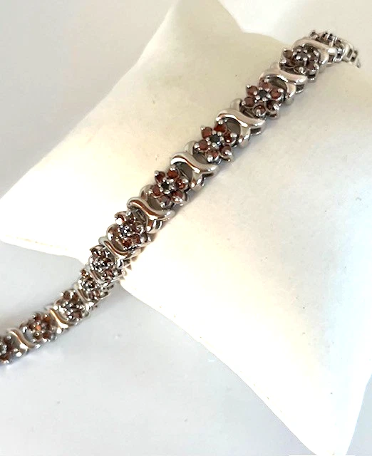 PULSERA TENIS 10K WG HECHA A MANO ELEGANTE COLOR NEGRO Y ROJO DIAMANTE FLOR Foto 4 de 4