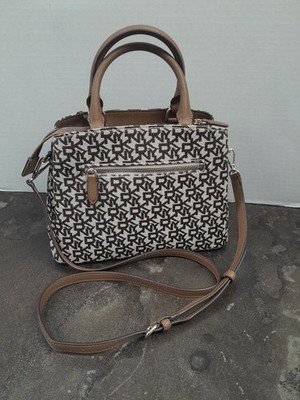 DKNY Monogram Paige Satchel Handbag Brown Tan Canvas Leather Crossbody Strap